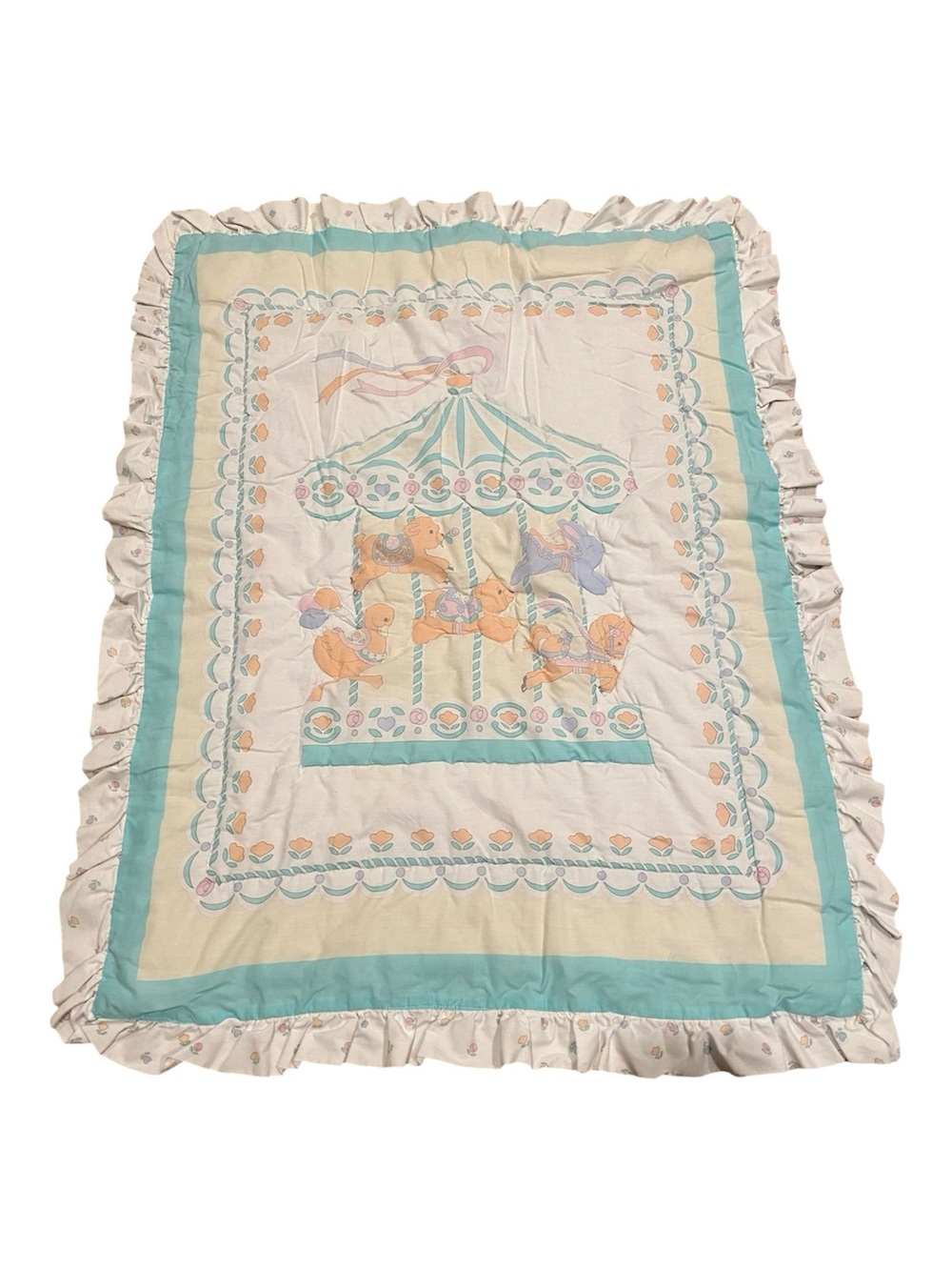 Vintage Baby Quilt Carousel Horse Animal Ruffle Edges White Green Floral Blanket